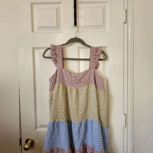 Boutique Gingham Blue Yellow Brown Plaid Ruffle Tiered Mini Dress XL - Picture 5 of 9